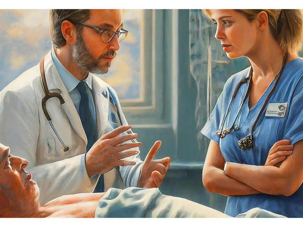 Lekarze rozmawiający A doctor in a white coat talks to a nurse in blue scrubs, discussing a patient on a bed.