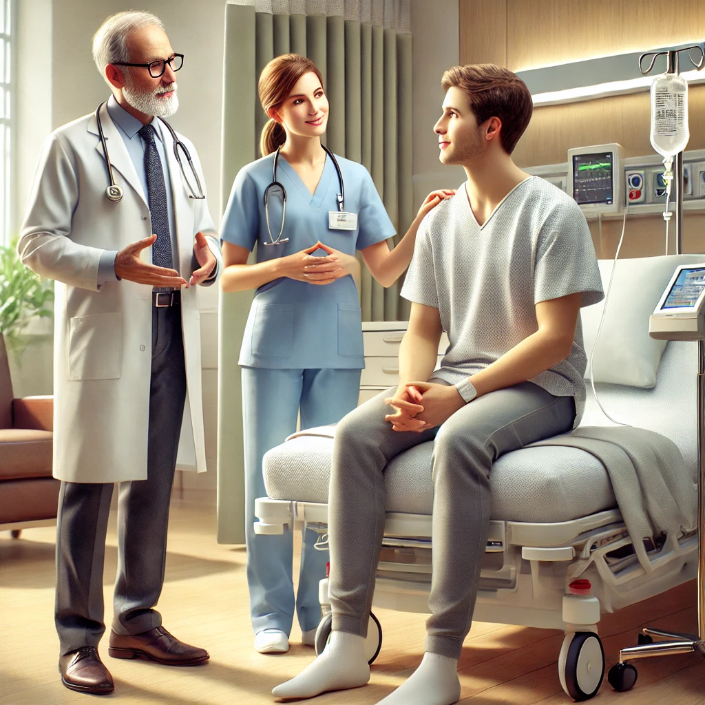 lekarze z pacjentem po zabiegu A doctor and a nurse talking to a patient sitting on a hospital bed.