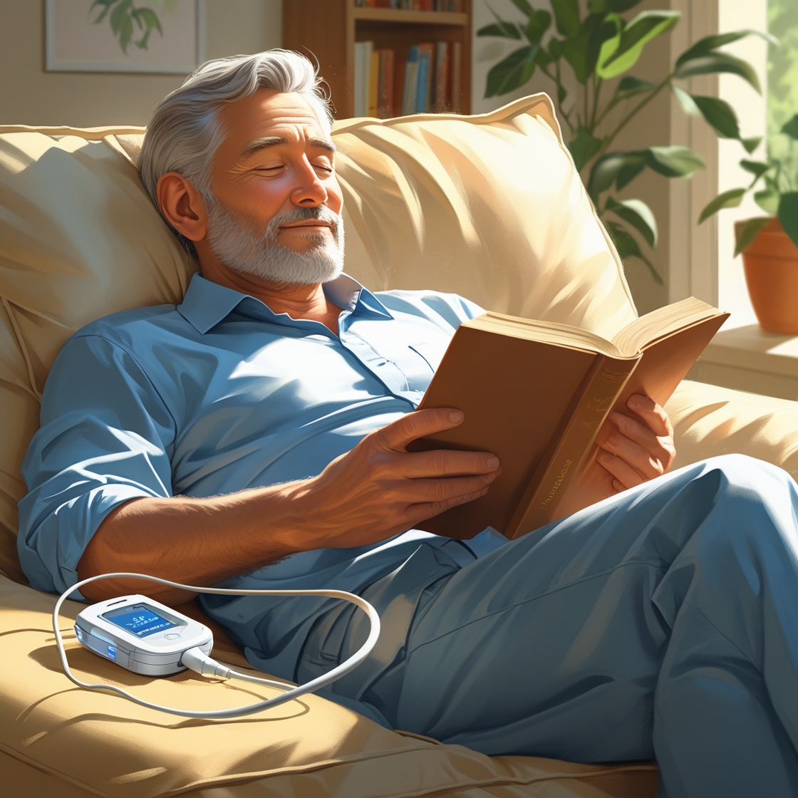 Pacjent z pompą czytający książkę